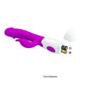 Vibratore rabbit viola e bianco con vano batterie aperto per ricarica