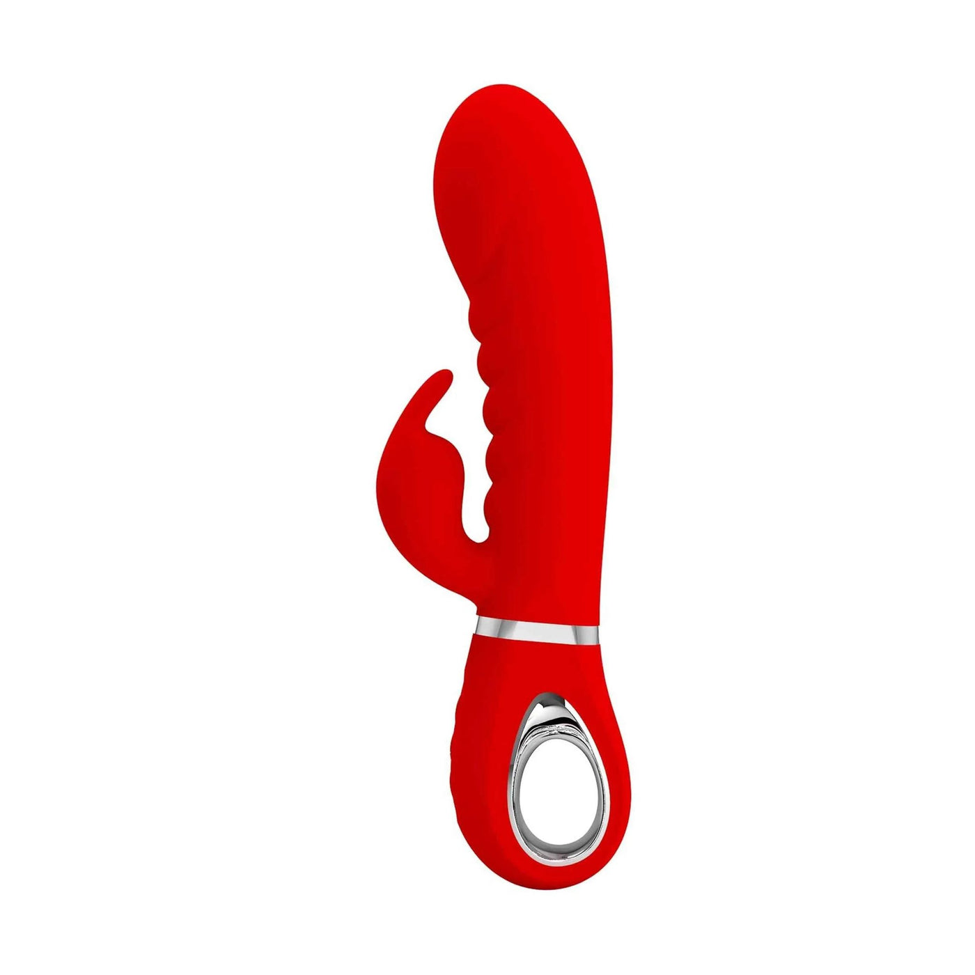 Vibratore rabbit rosso con fascia metallica centrale e orecchio coniglio