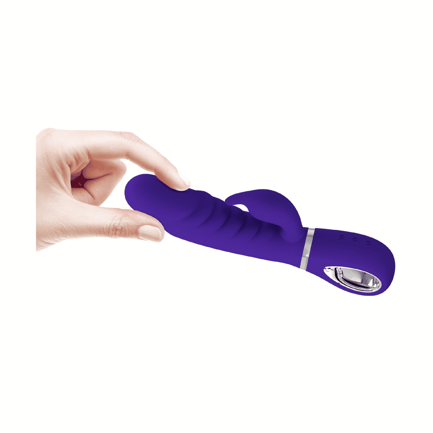 Vibratore rabbit viola in silicone ergonomico tenuto in mano