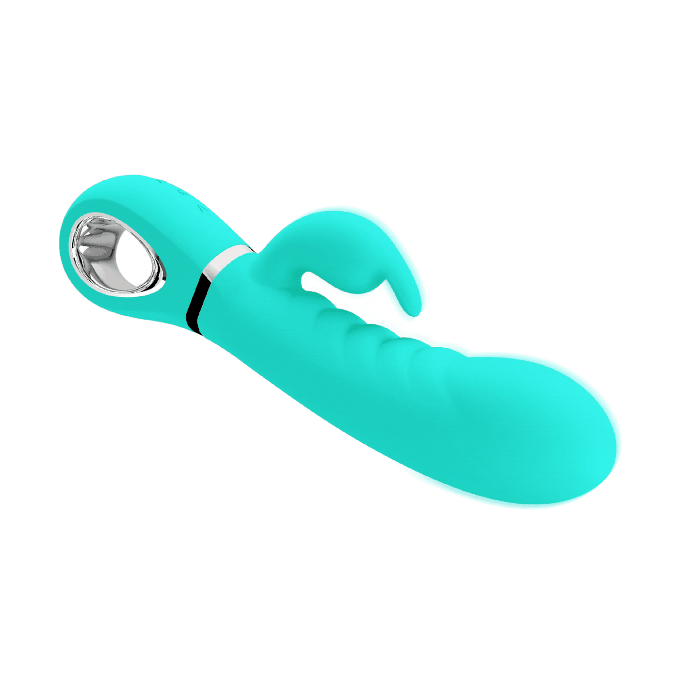 Vibratore rabbit turchese in silicone con scanalature profonde e manico metallico