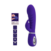 Vibratore rabbit viola con pannello informativo funzioni e silicone