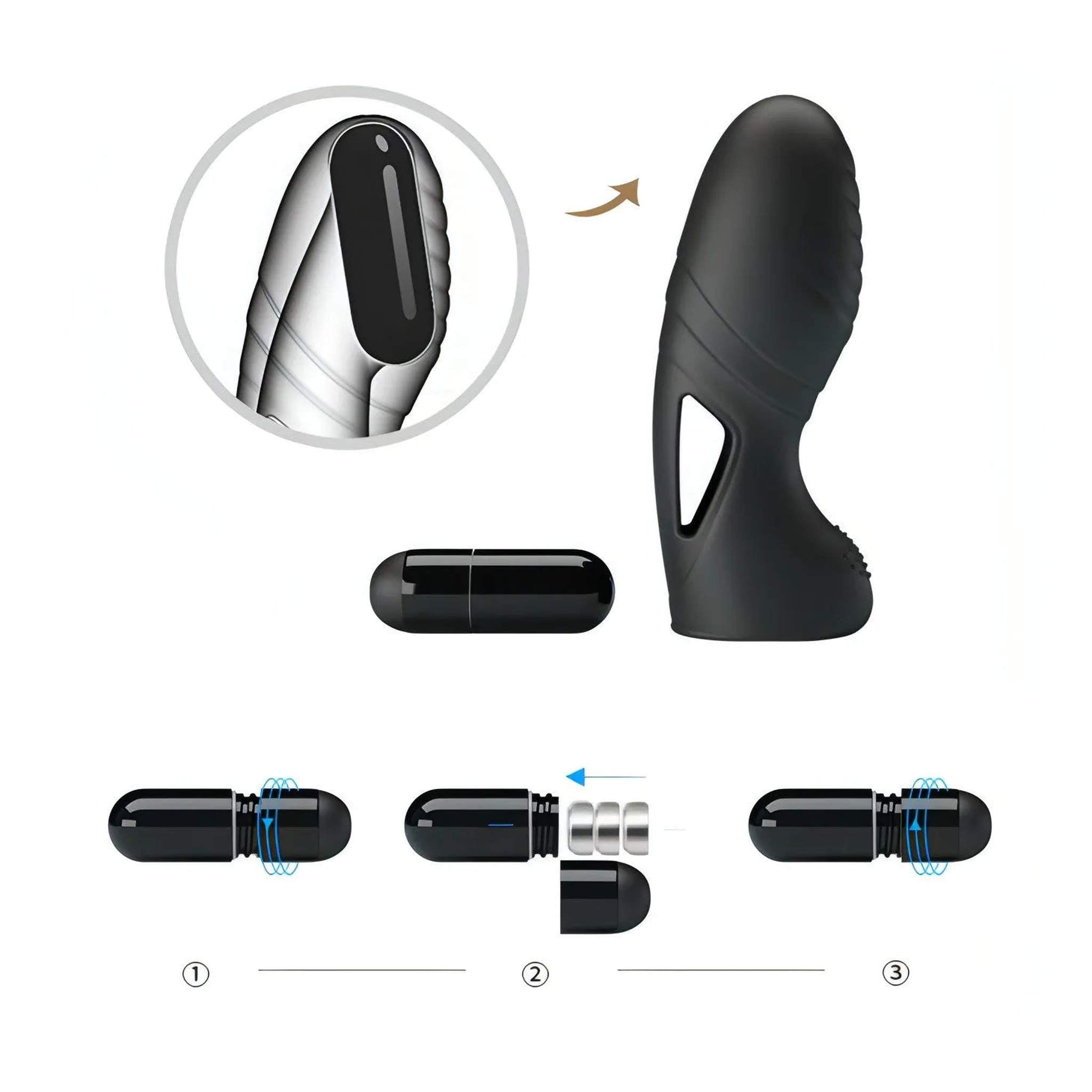 Vibratore da dita con nervature stimolanti Ø 2.3 cm - Nero, Silicone