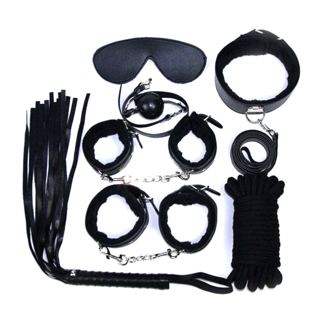 Kit Bondage 10 pezzi: Benda, Ball Gag, Collare e Guinzaglio, Corda Bondage, Frustino, Cavigliere, Polsiere