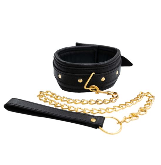 Collare BDSM Luxury con Guinzaglio Nero e Oro - immagine 3