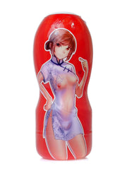 Masturbatore Fleshlight cilindrico rosso con adesivo figura in cheongsam viola
