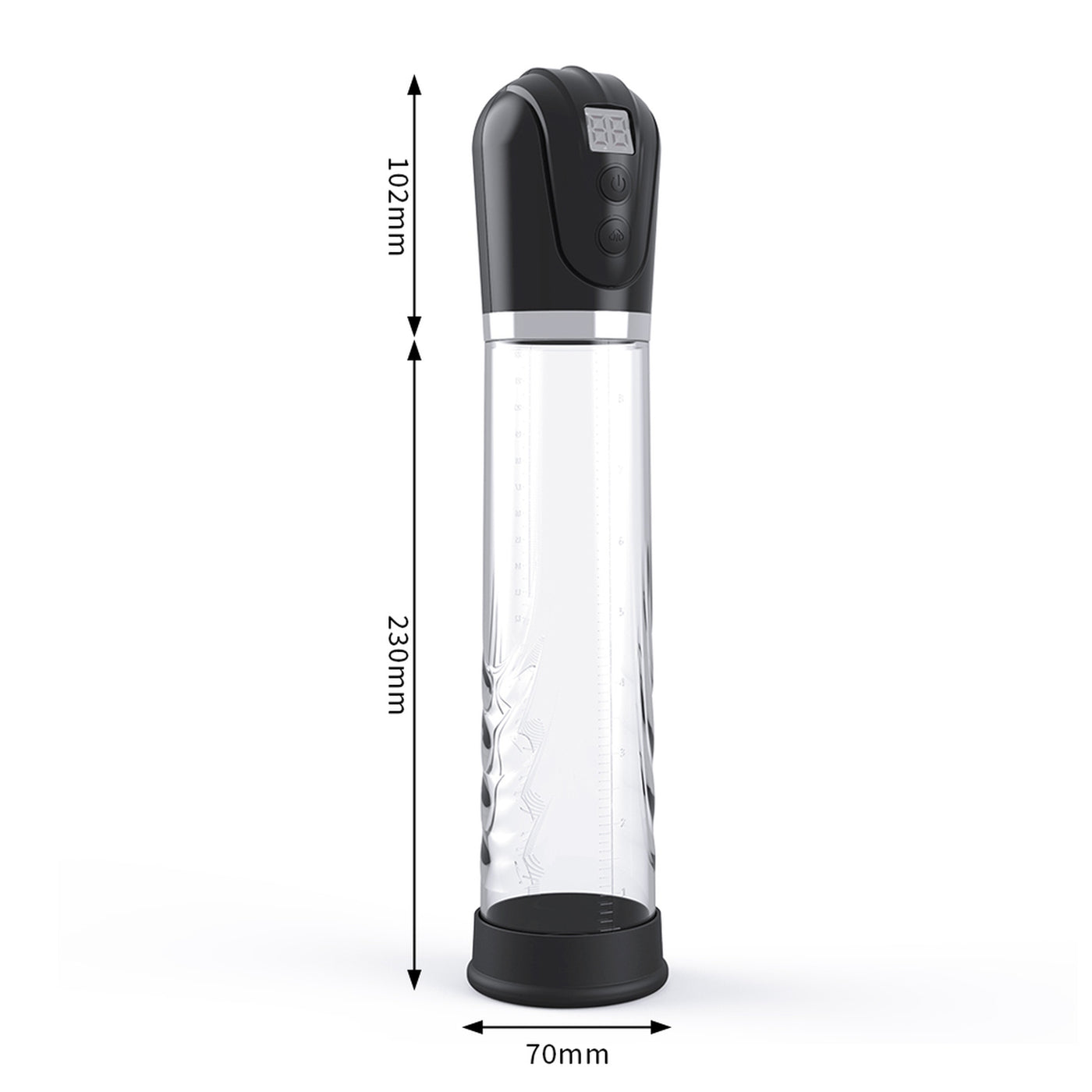 Pompa pene elettrica verticale con display LCD e dimensioni indicate 230mm