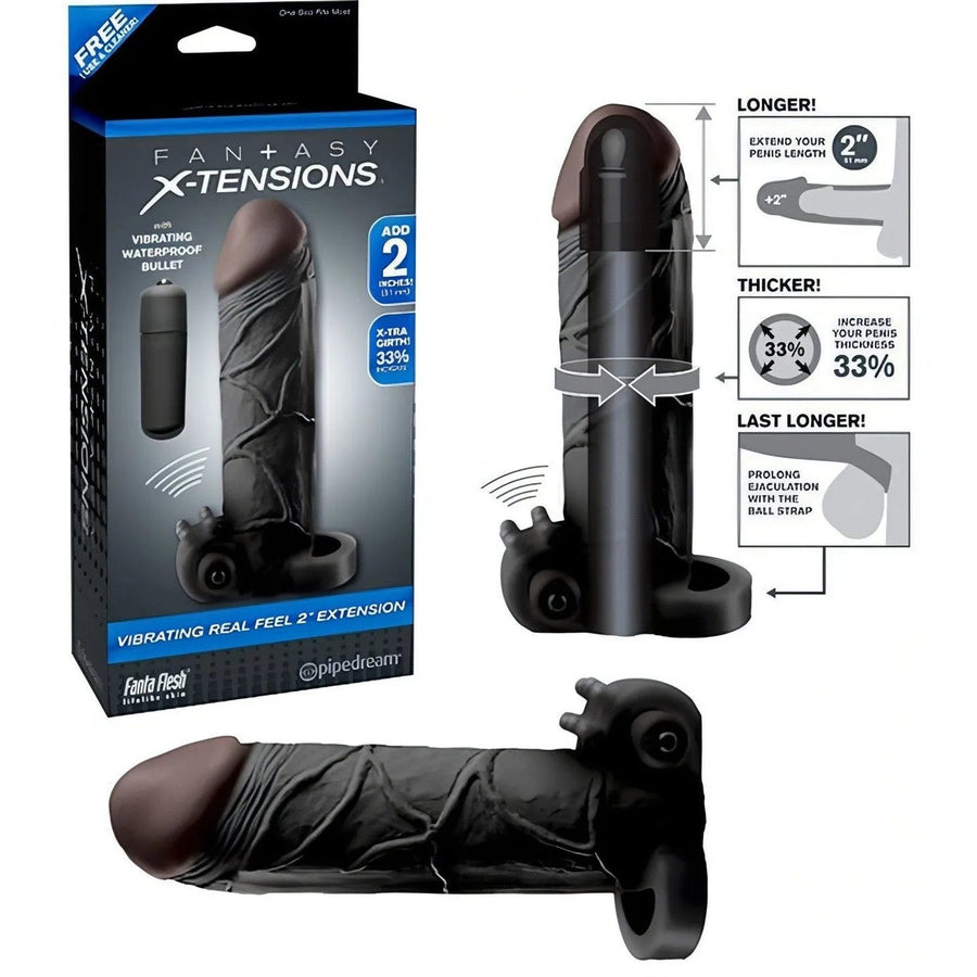 2″ Fantasy X-Tensions Realistic Cock Sleeve with Ribbed Clitoral Stimulator - Black