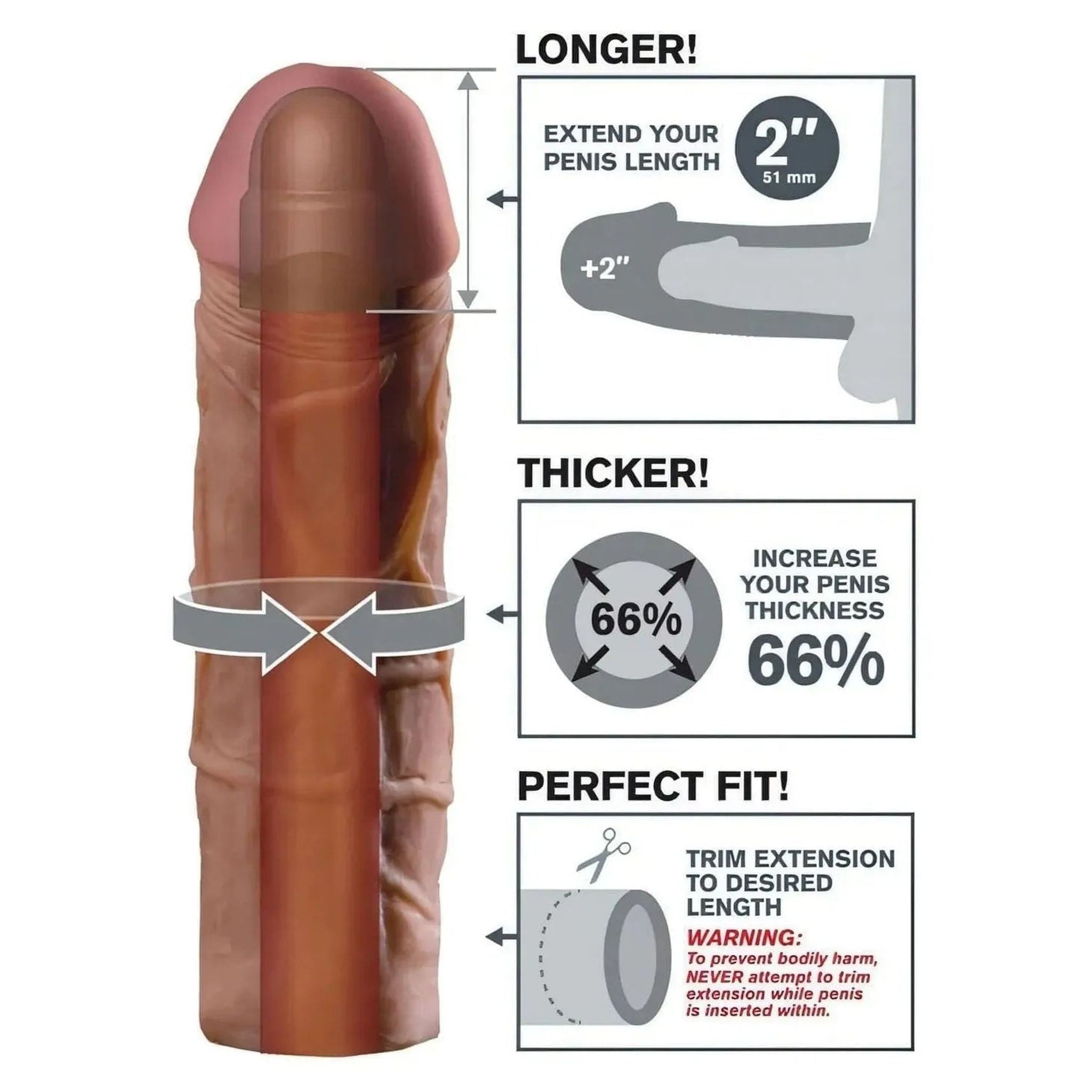 2″ Fantasy X-Tensions Guaina Fallica Realistica 20.2 cm lunga, larga 5 cm,3.2 cm Ø interno, Estensione 2″ 5.1 cm - Mulatto