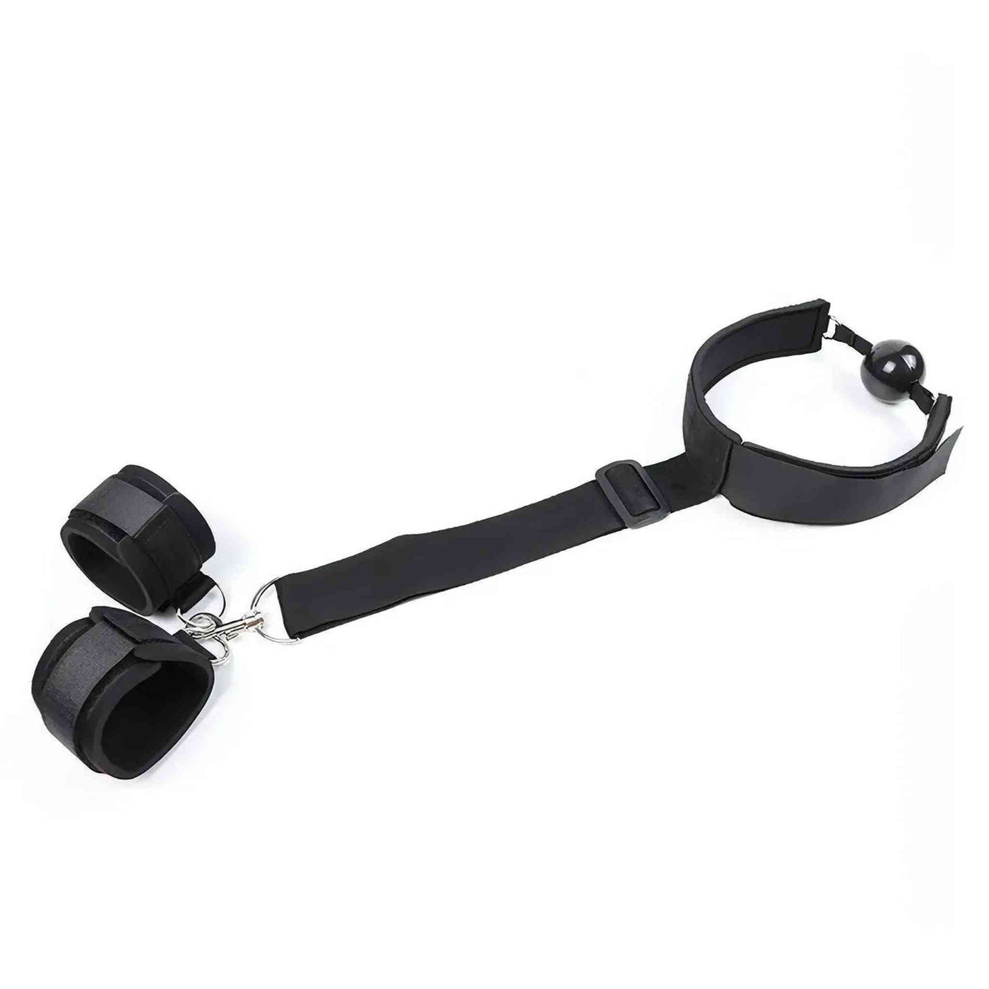 Set ball-gag nera con polsiere collegate e fibbia regolabile