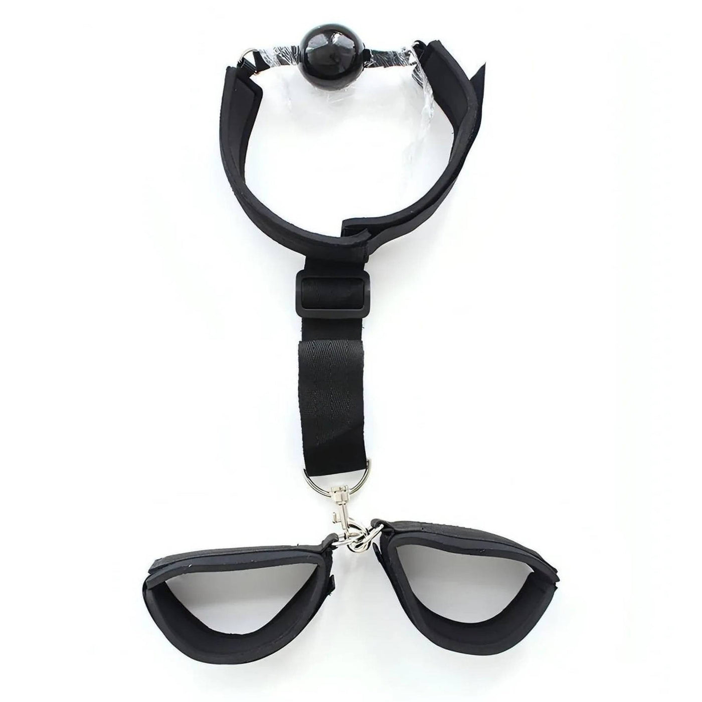 Set completo ball-gag nera con polsiere e protezione sfera