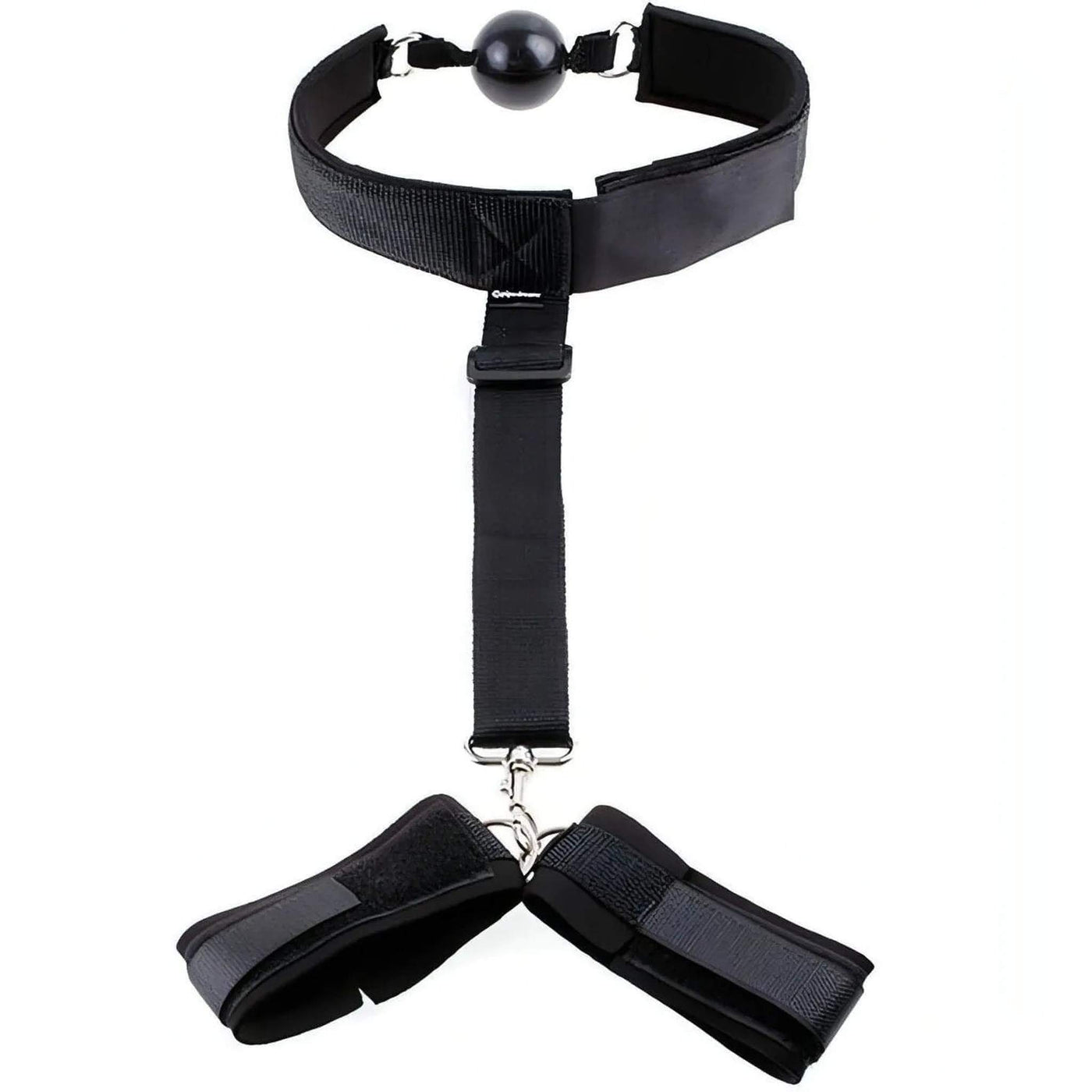 Set ball-gag nera con due polsiere collegate da cinghia centrale