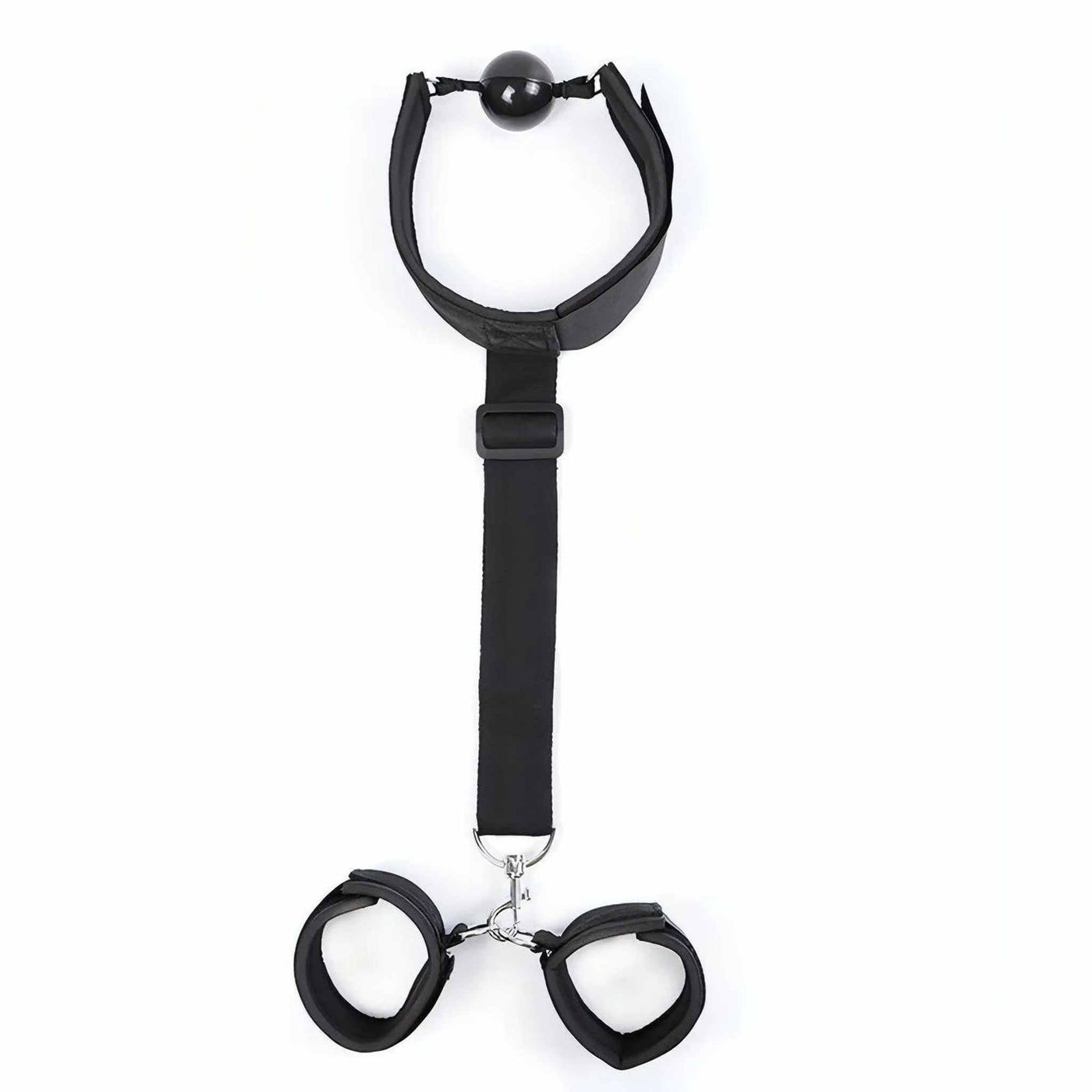 2 in 1 Ball-Gag Nera con Strap Comfortable e Polsiere collegate