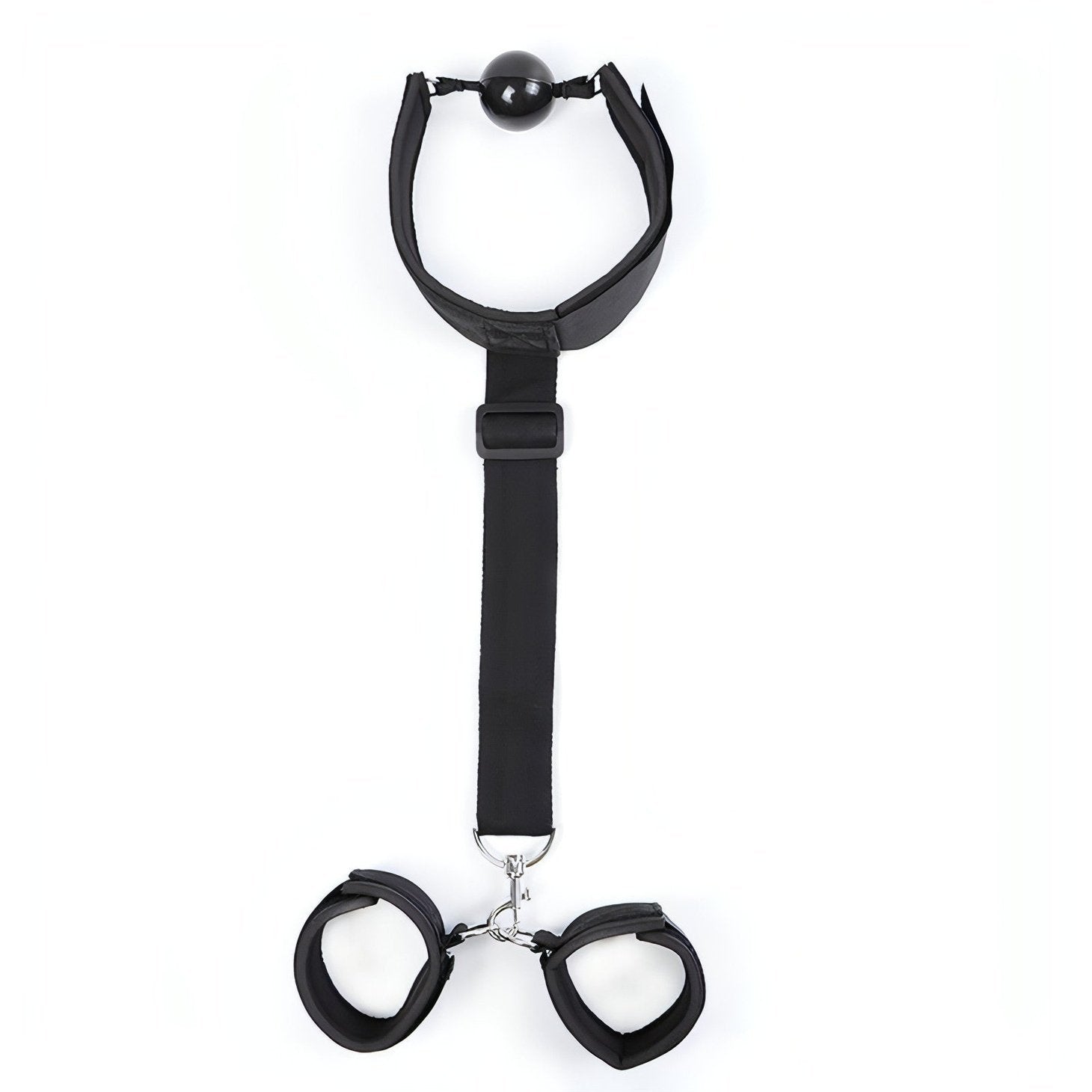 2 in 1 Ball-Gag Nera con Strap Comfortable e Polsiere collegate - GoEstasy