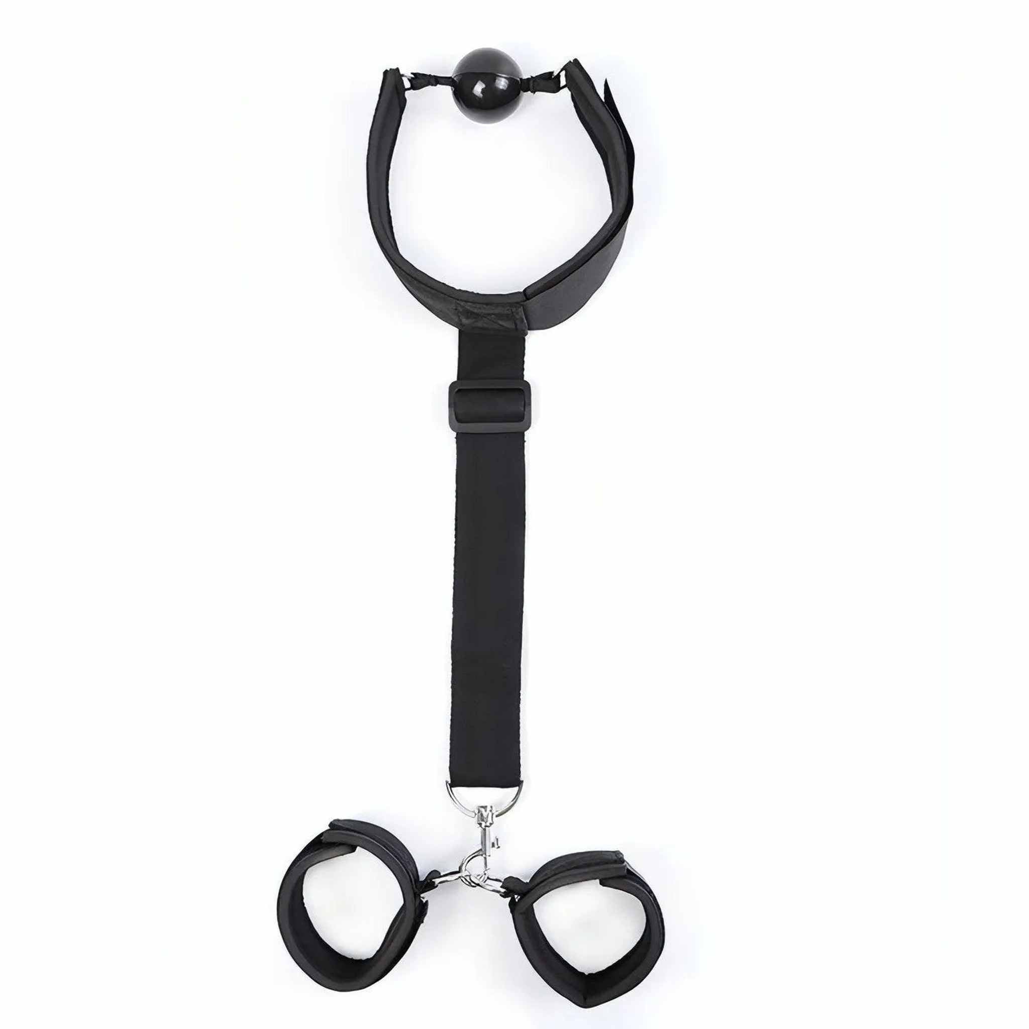 2 in 1 Ball-Gag Nera con Strap Comfortable e Polsiere collegate