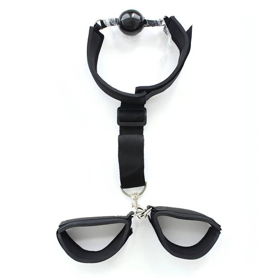 2 in 1 Black Ball-Gag with Comfortable Strap and Connected Wrist Wraps