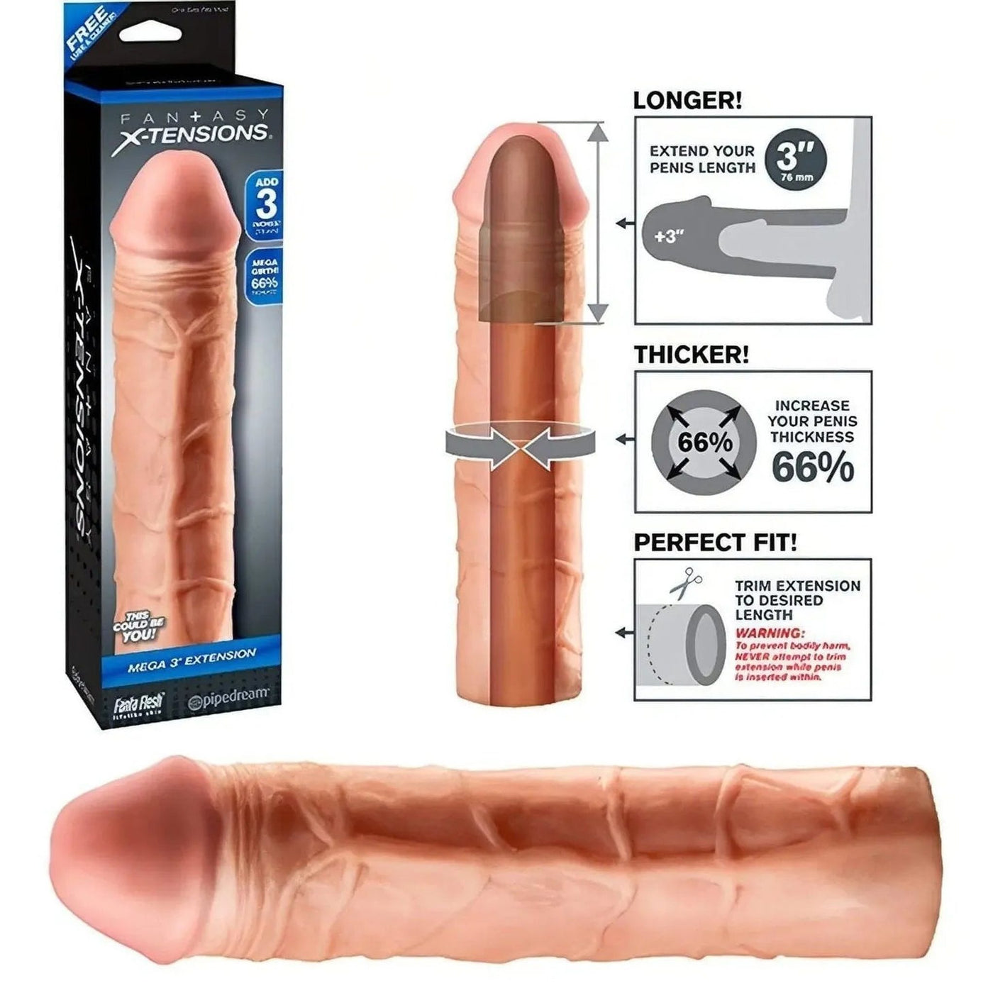 3″ Fantasy X-Tensions Guaina Fallica Realistica 22.8 cm lunga, larga 5 cm - Rosa Carne