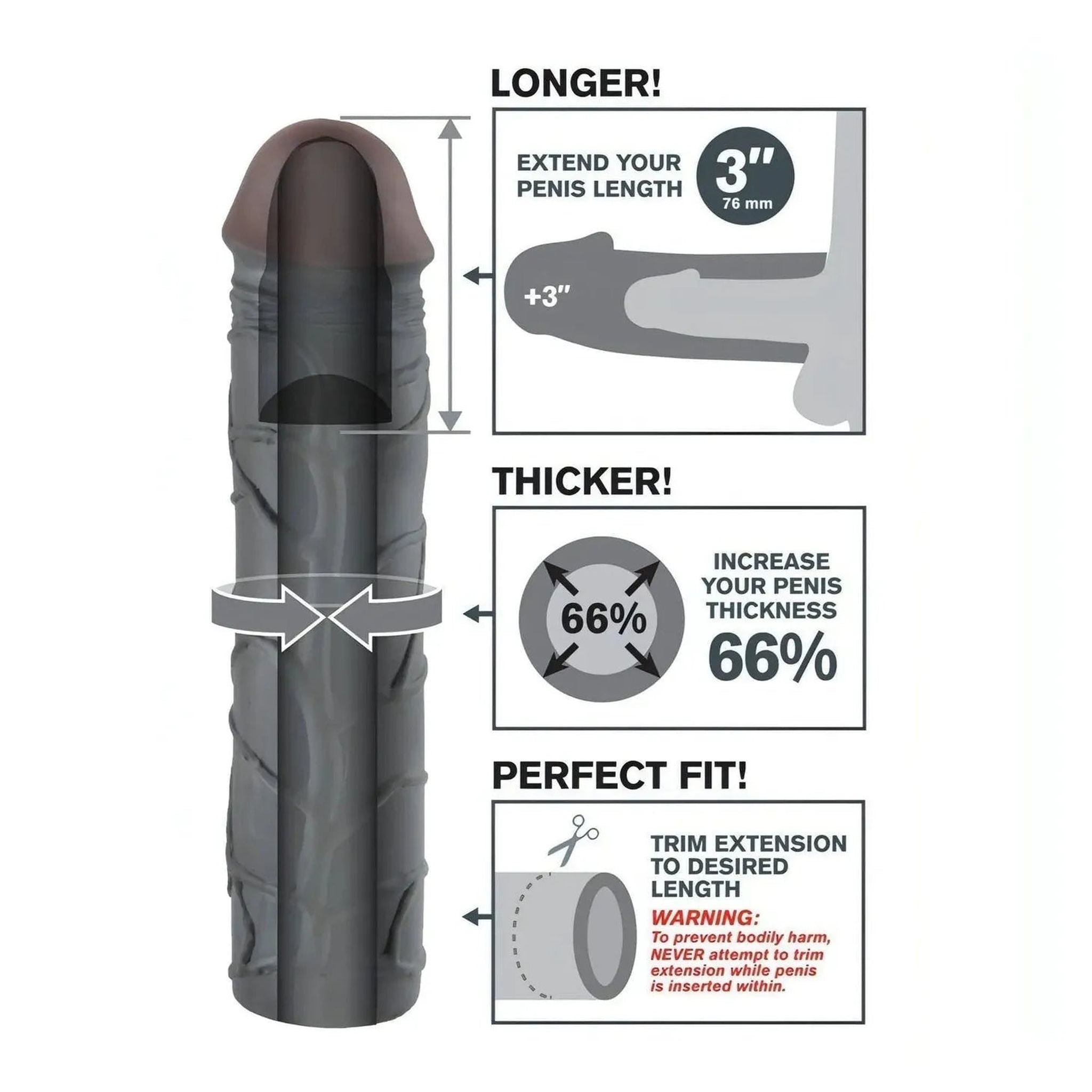 3″ Fantasy X-Tensions Guaina Fallica Realistica 22.8 cm lunga, larga 5 cm - Nero