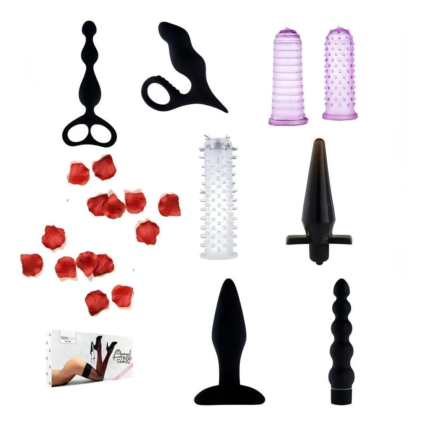 Adventurous Anal Starter Kit - Set di Anal Toys, 8 pezzi, 4 lubrificanti monodose e petali rossi - GoEstasy