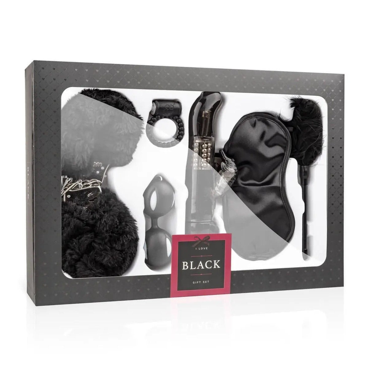 Black Gift Set - Box regalo composto da Vibratore Rabbit, Palline di Kegel, Anello Vibrante, Manette, Benda Setata e Feather Tic - GoEstasy