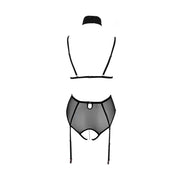Vista posteriore body lingerie nero powernet con apertura centrale e anello metallico