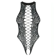 Body Sexy Nero Con Ricamo Floreale, Spacco Centrale e Apertura Inguinale - Taglia S/L