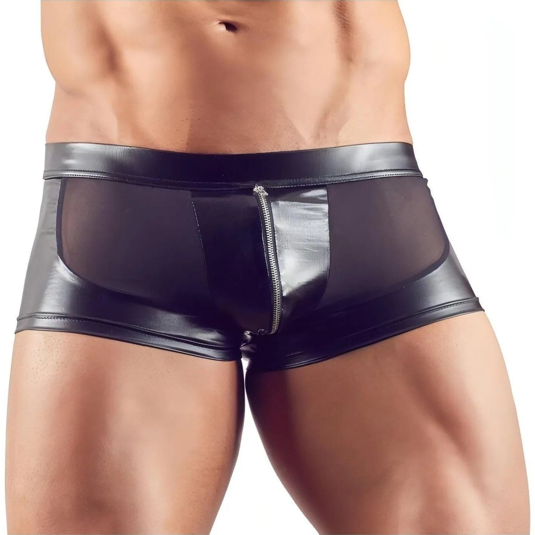 Boxer Uomo Sexy Nero Lucido con Inserti Trasparenti e Zip Frontale - Taglia S