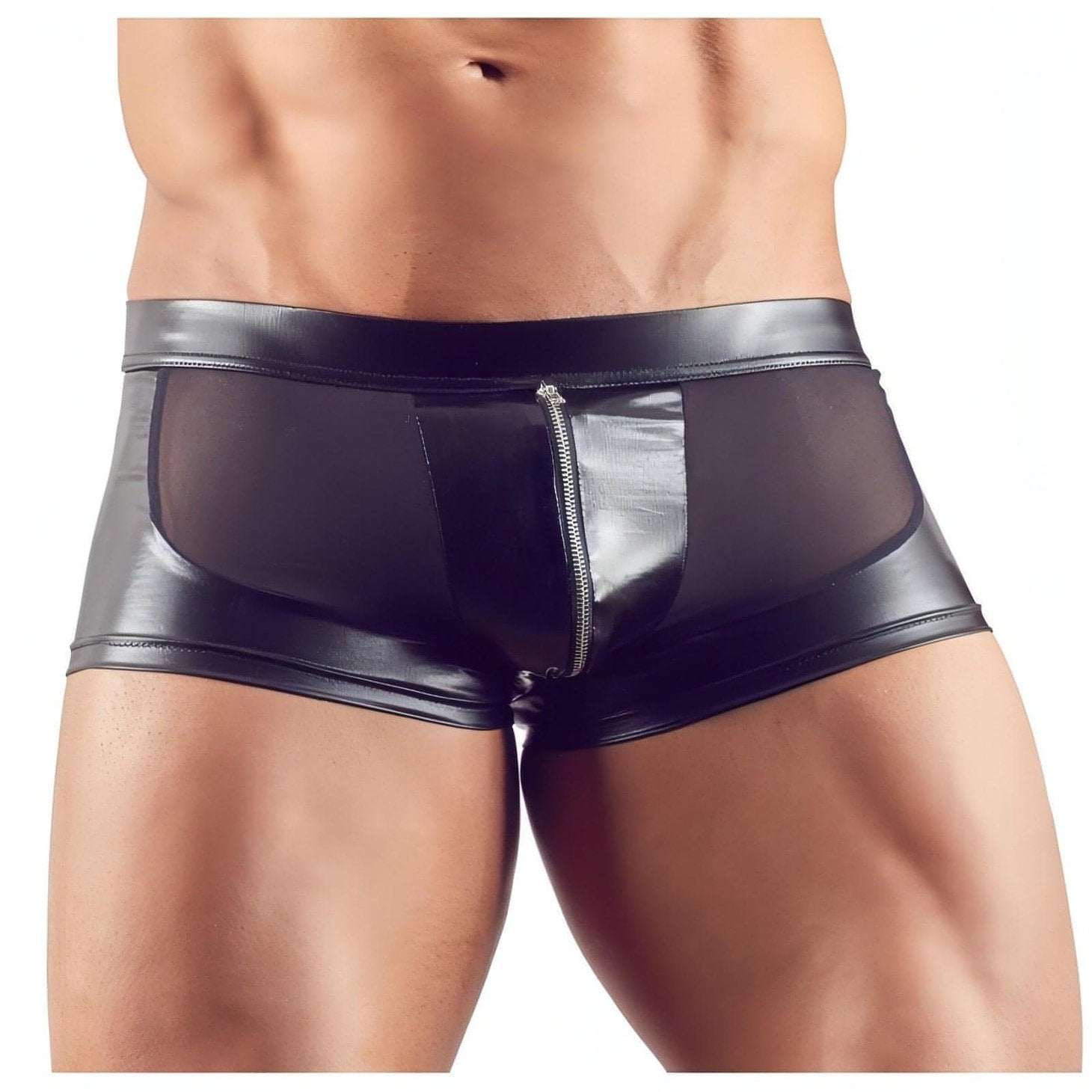 Boxer Uomo Sexy Nero Lucido con Inserti Trasparenti e Zip Frontale - Taglia S - GoEstasy