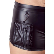 Boxer nero wetlook con tasca laterale zip e anello metallico dettaglio