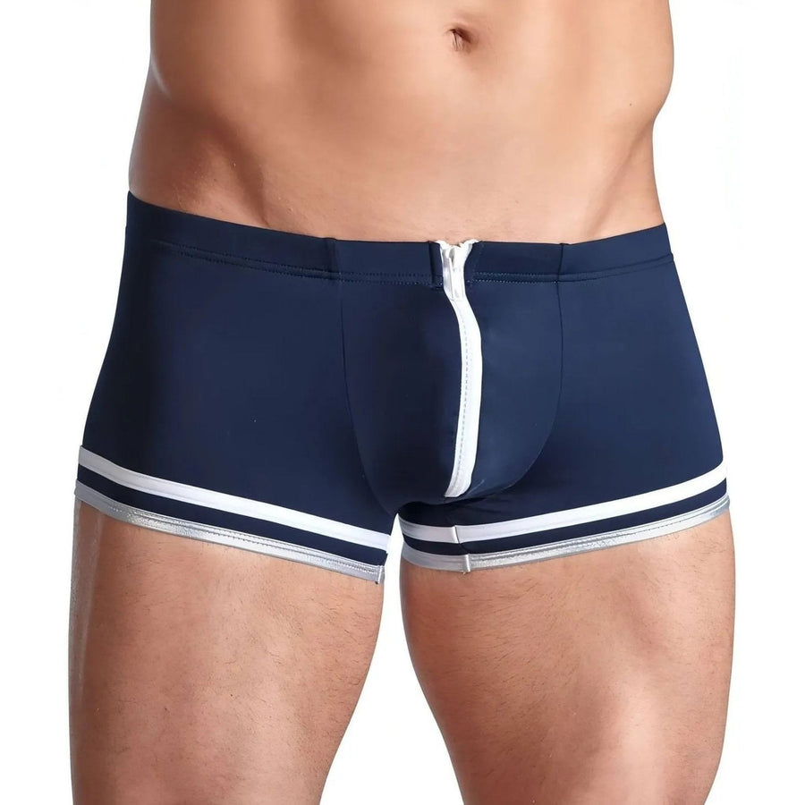 Blaue Boxershorts mit weißen Unterkanten und Reißverschluss vorne – M