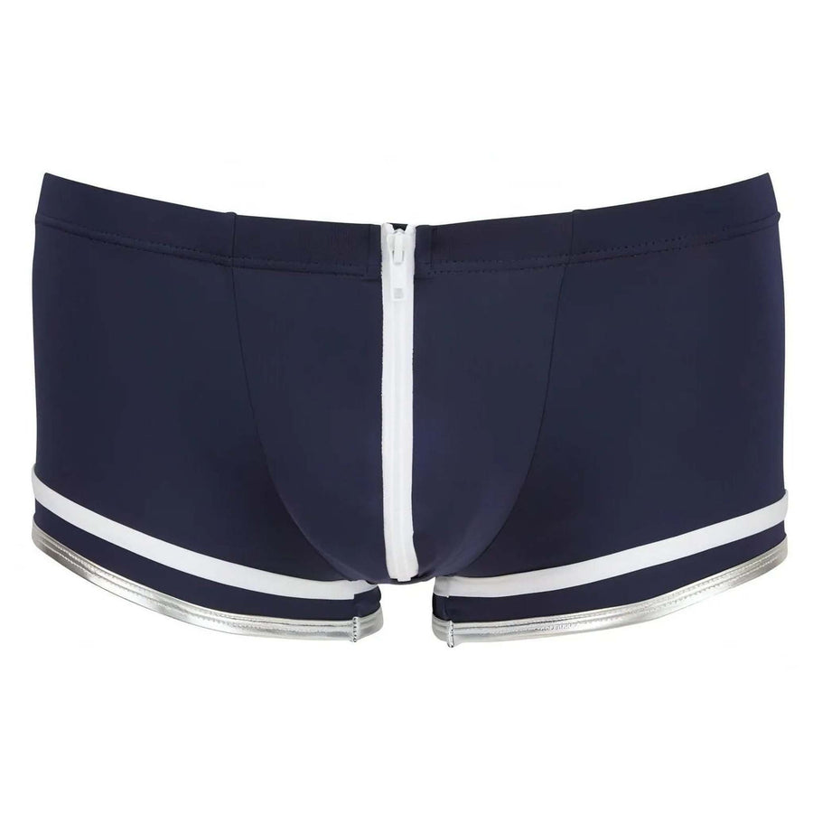 Blaue Boxershorts mit weißen Unterkanten und Reißverschluss vorne – M