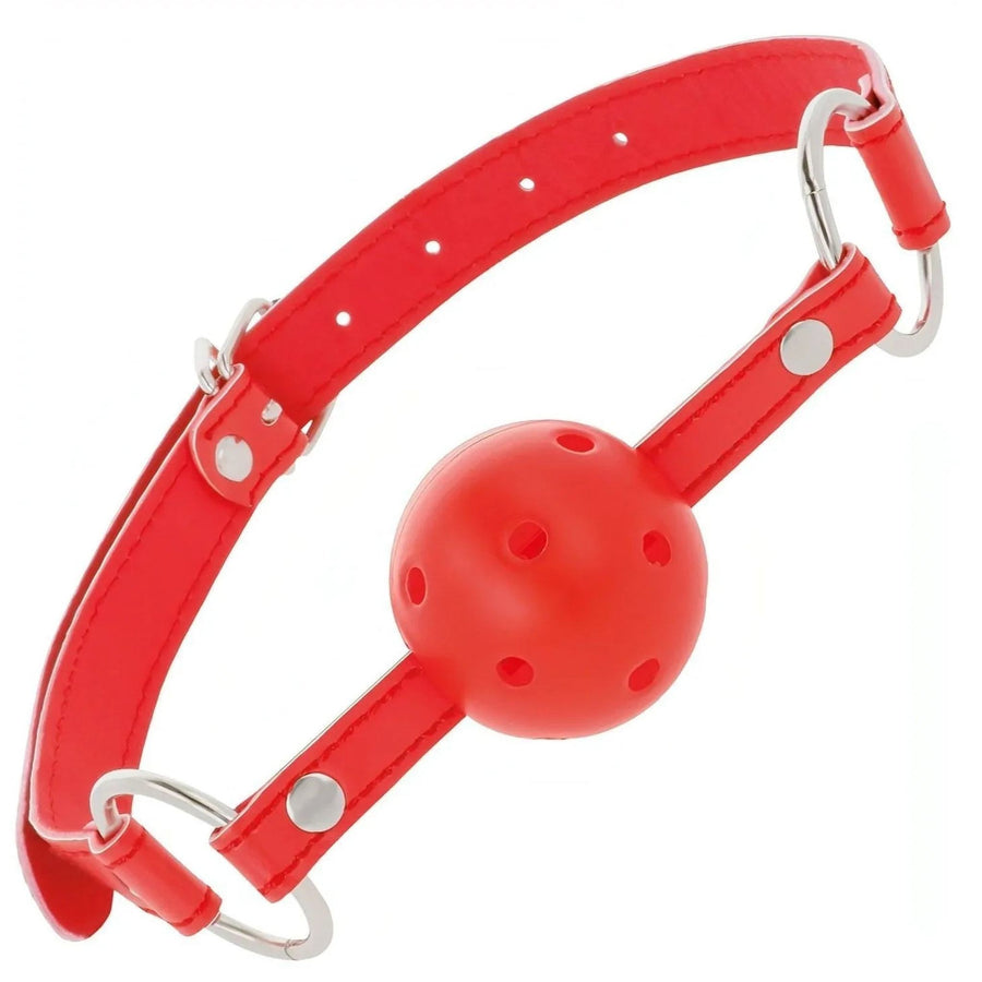 Atmungsaktiver Ballknebel – Rot mit rotem Lederband