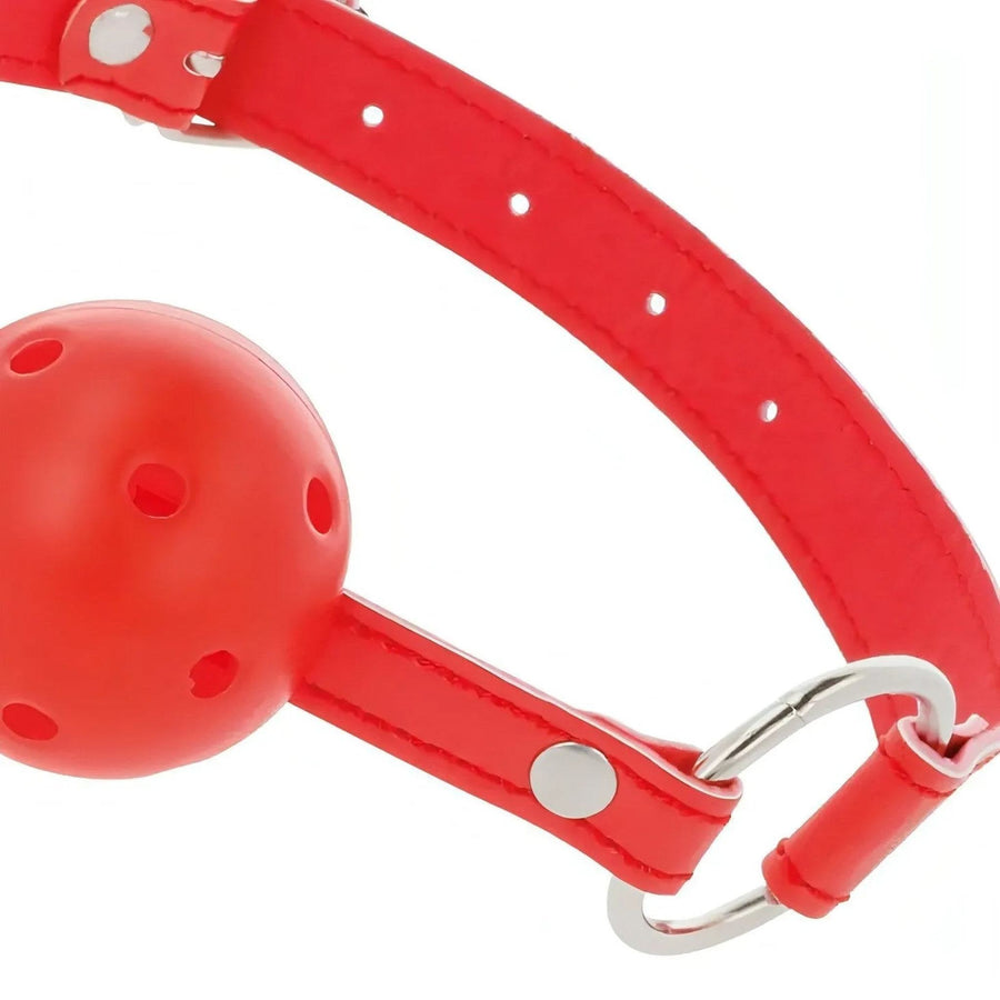 Atmungsaktiver Ballknebel – Rot mit rotem Lederband