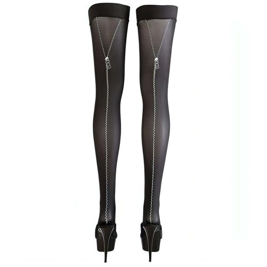 Matt black hold-up stockings with fake back zip