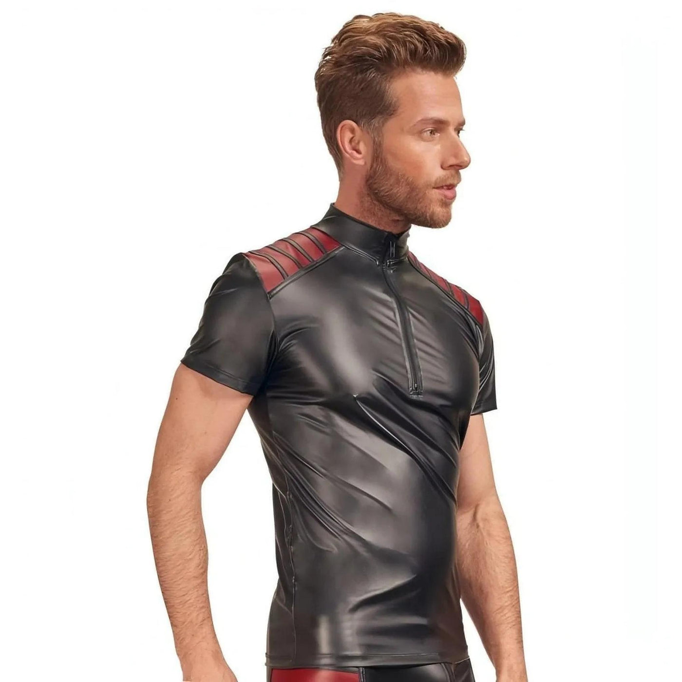 Canotta aderente uomo nera lucida con bande rosse spalle e zip frontale