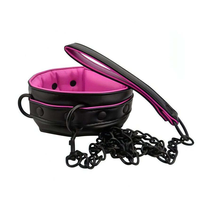 Gepolstertes Lederhalsband mit passender Leine – Schwarz und Fuchsia