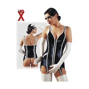 Corsetto a bretelle in latex nero e bianco con reggicalze in metallo
