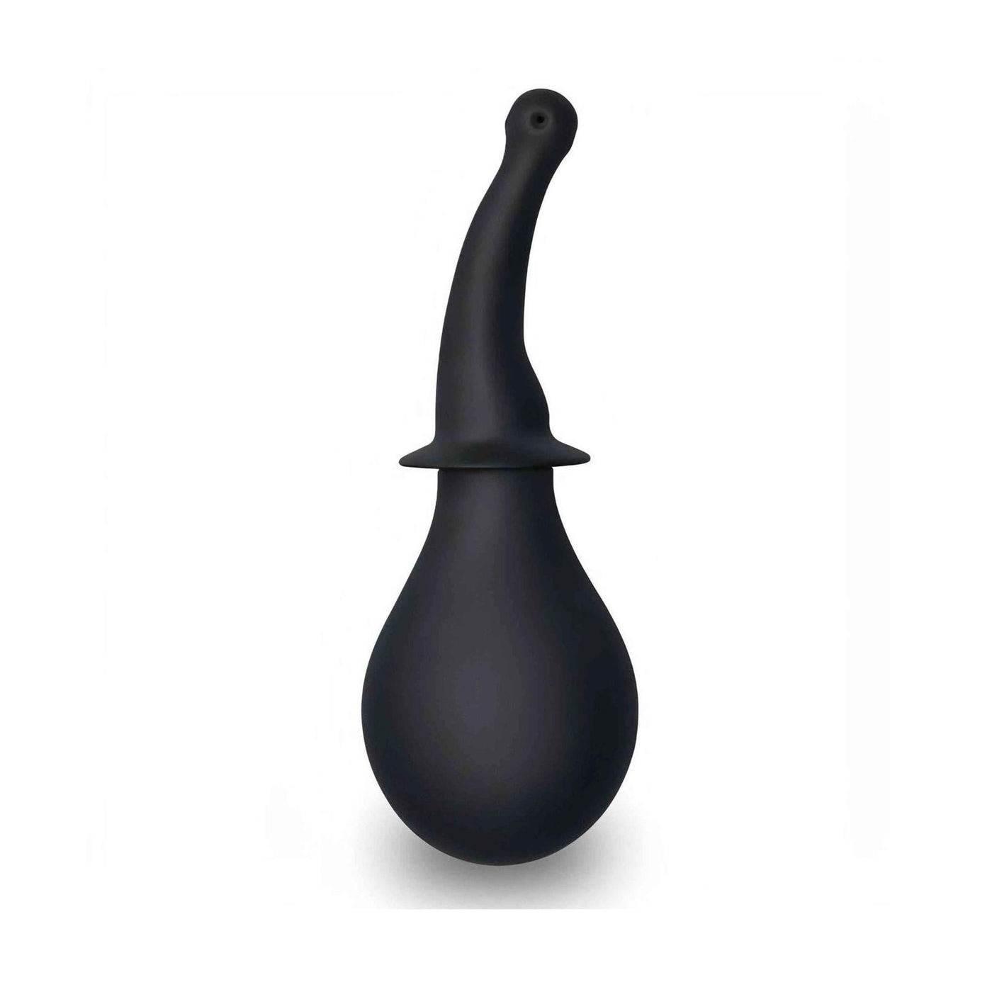 Doccetta intima nera in silicone con corpo sferico gonfiabile e ugello curvo su sfondo bianco