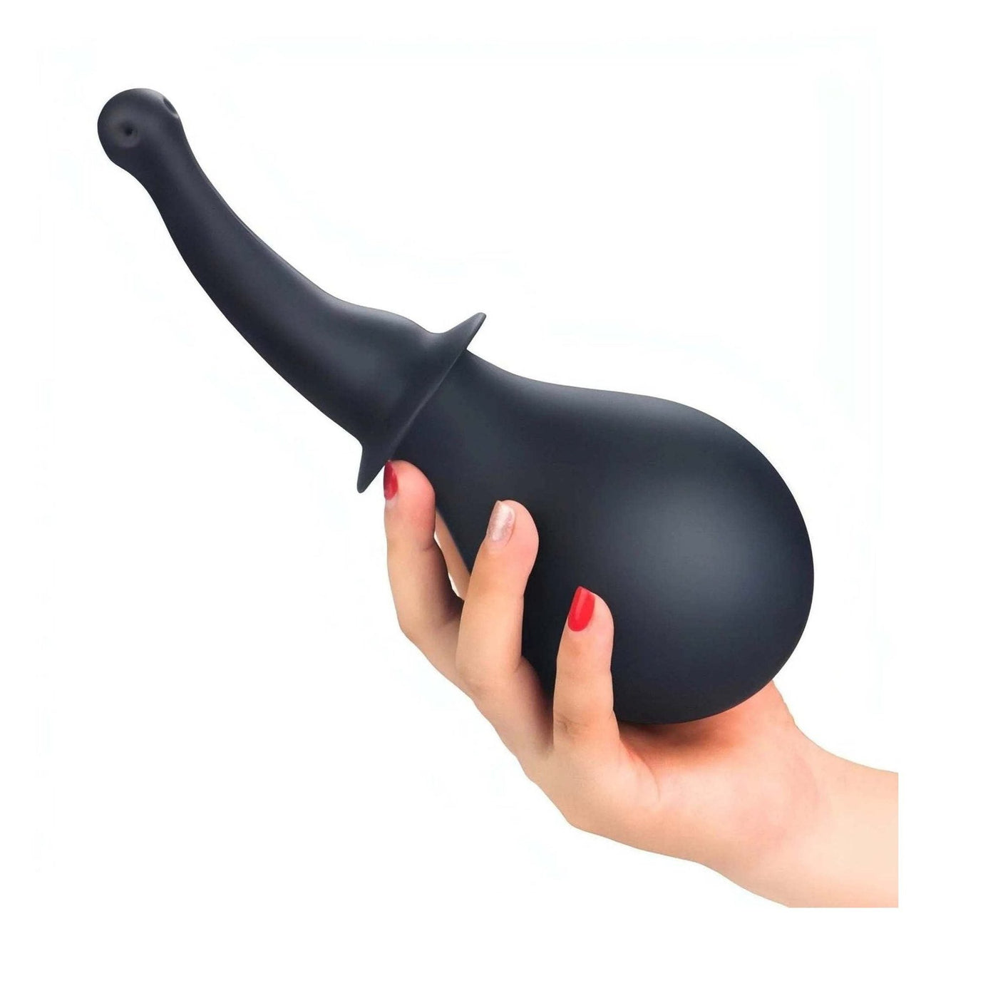 Doccetta intima nera in silicone con dildo e manico curvo tenuta da mano femminile