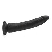 Dildo nero in silicone con ventosa e rilievi, vista frontale su sfondo bianco
