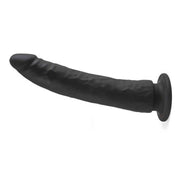 Vista laterale dildo nero in silicone con ventosa e texture morbida