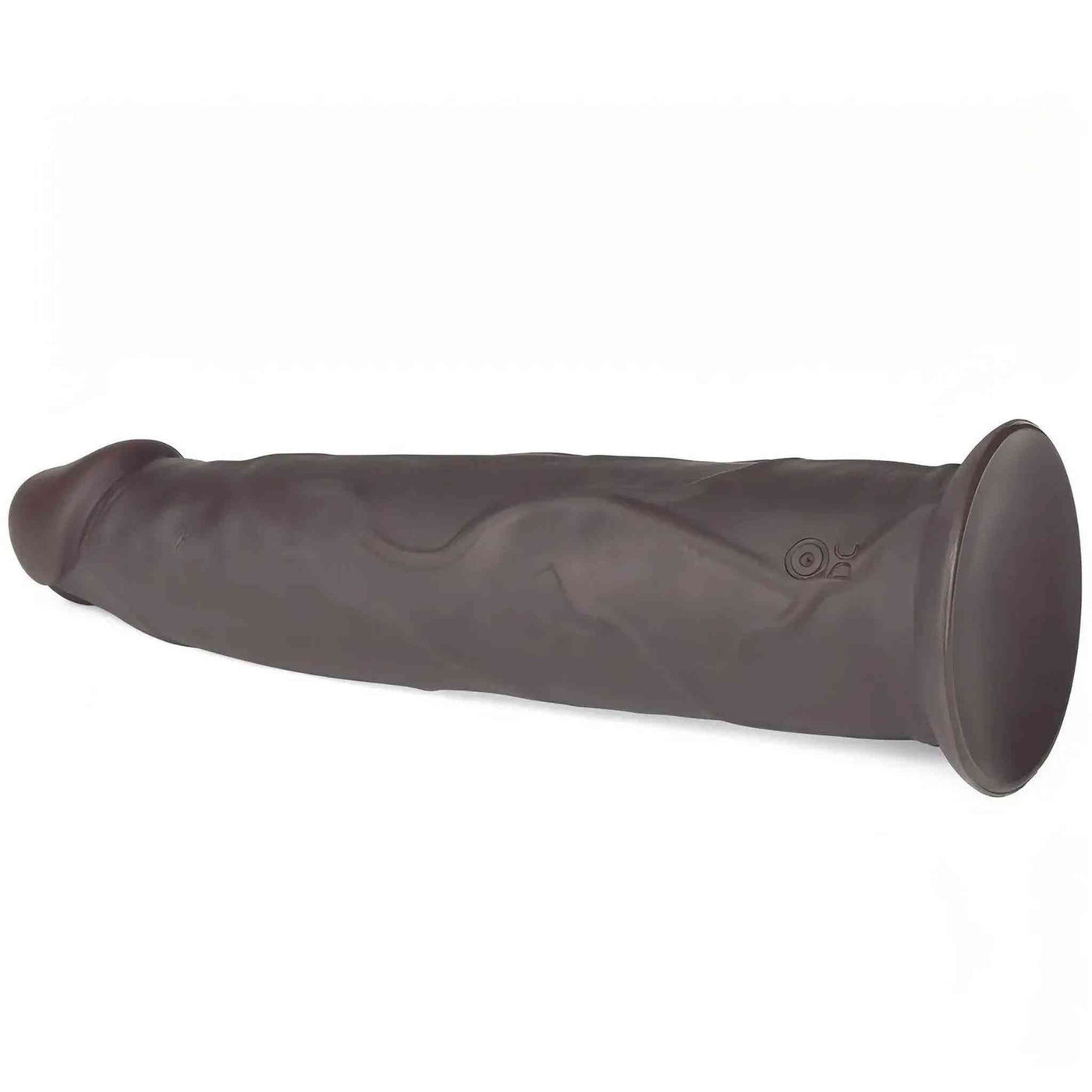 Dildo vibrante nero in silicone posizionato orizzontalmente con logo DC e base piatta stabile