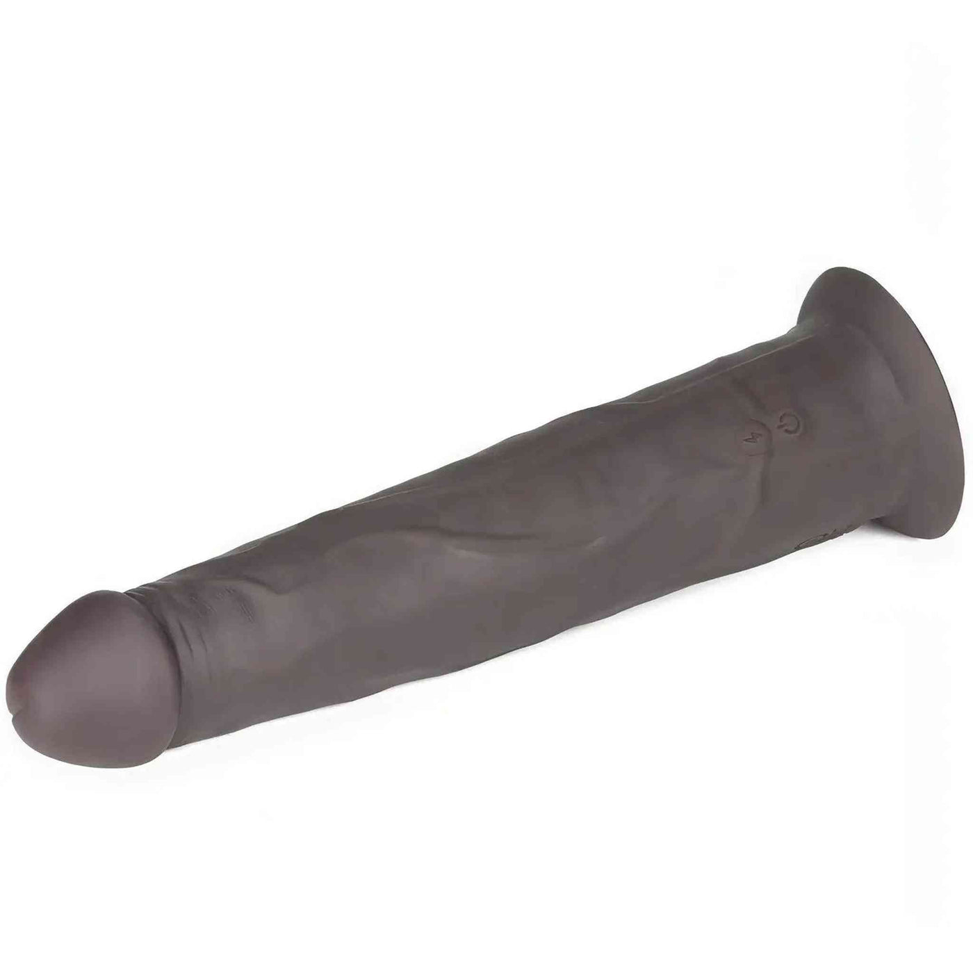 Profilo laterale dildo vibrante nero in silicone con simbolo rotazione centrale e texture vene