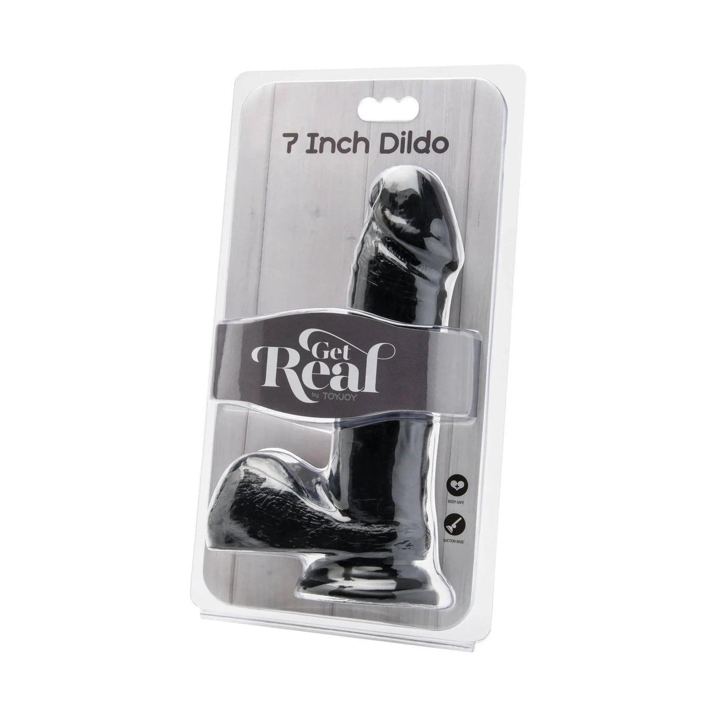 Dildo nero realistico con ventosa e testicoli in silicone Vital-Skin, confezione Get Real