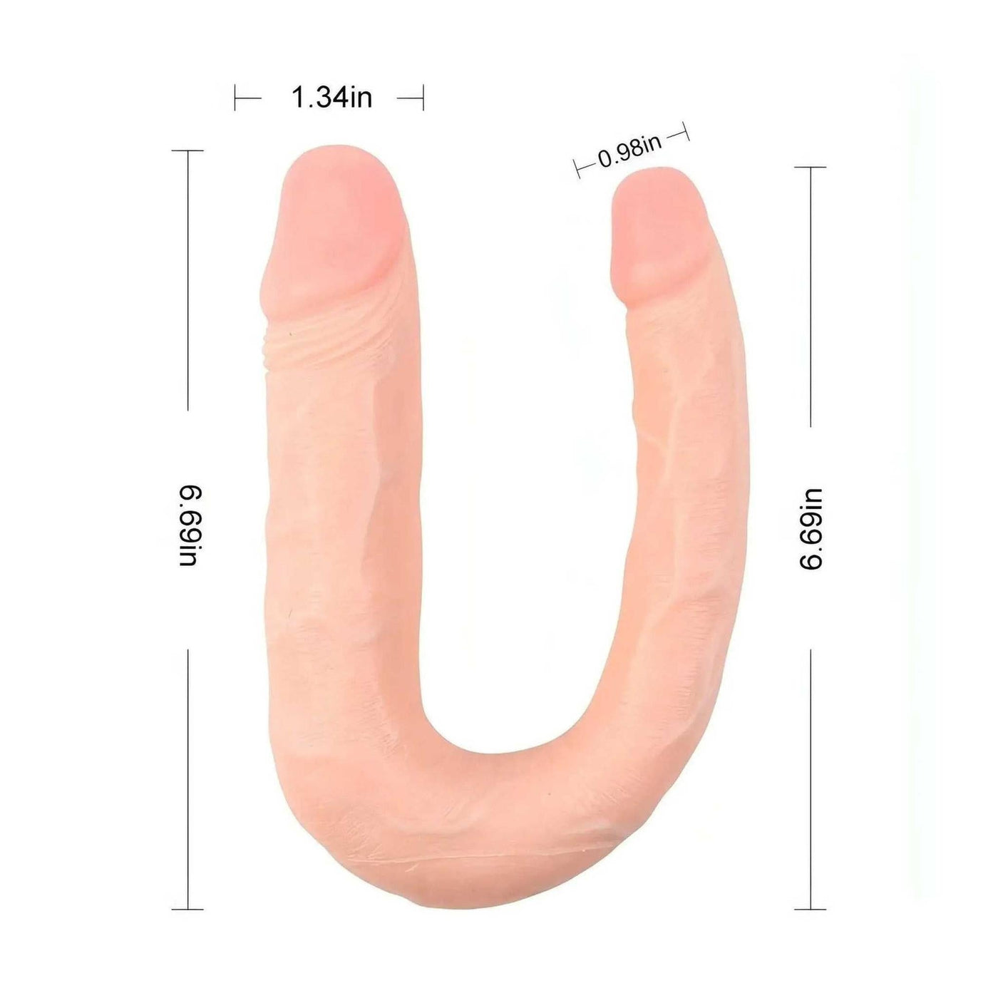 Doppio dildo U rosa chiaro con misure e texture venature