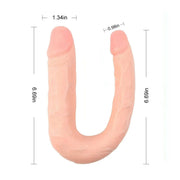 Doppio dildo U rosa chiaro con misure e texture venature