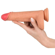 Dildo silicone rosa carne orizzontale con ventosa piatta e anello visibile alla base