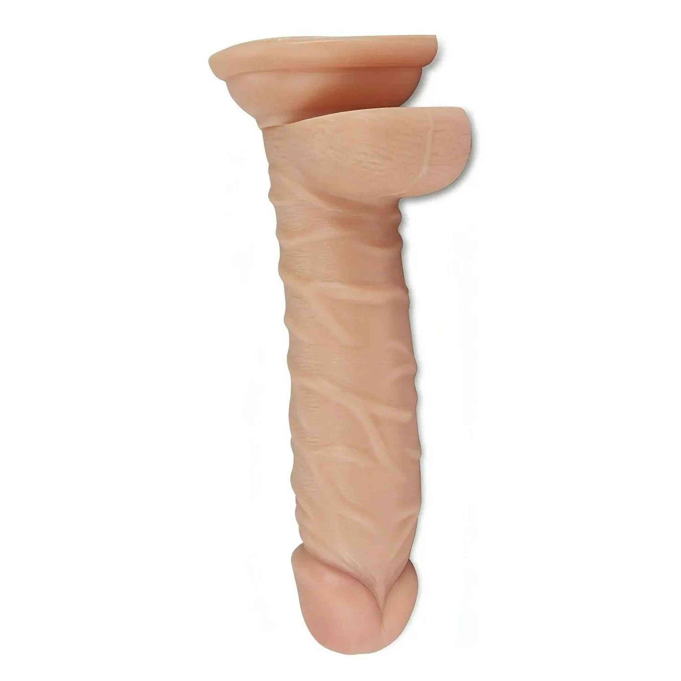 Dildo vibrante rosa carne vista frontale con curvatura anatomica e ventosa integrata
