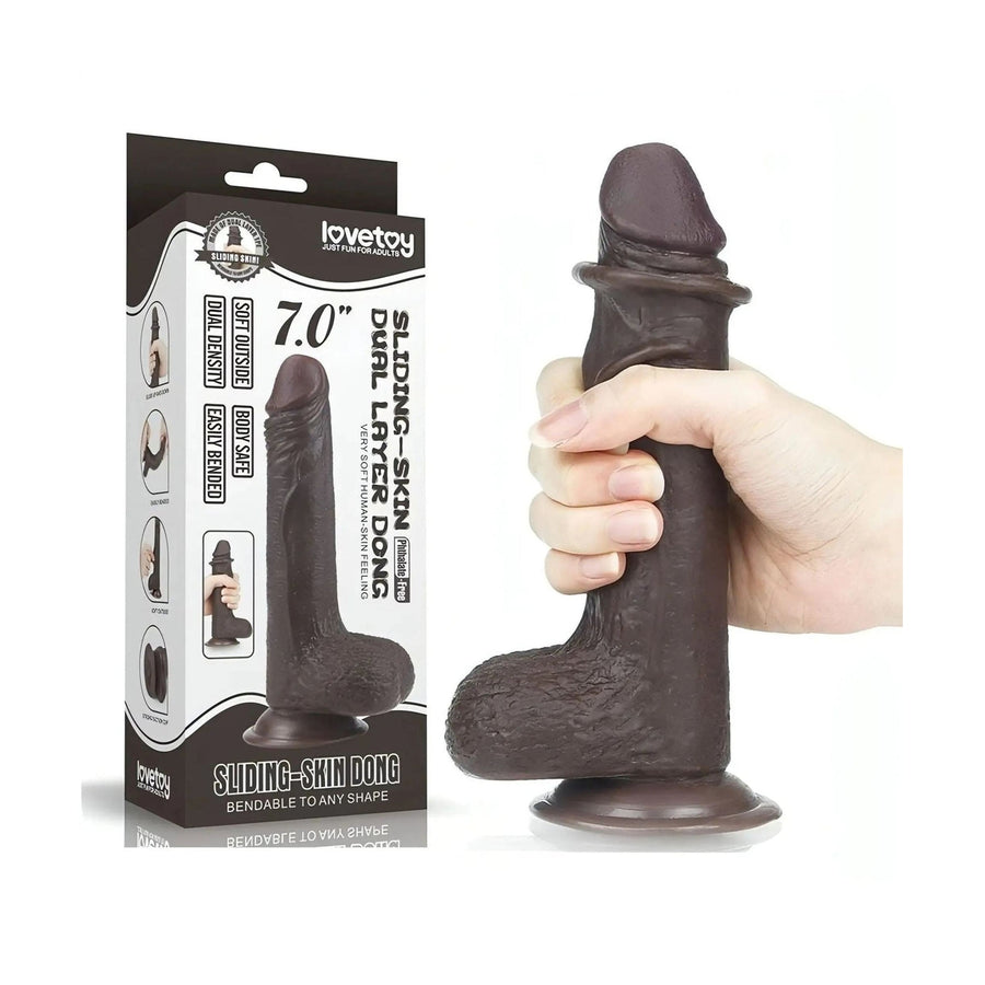 Realistic Dildo with Sliding Skin Like a Real Member - 7'' - Black