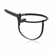 Vista laterale strapon doppio nero Flesh Up con inserti di diverse dimensioni