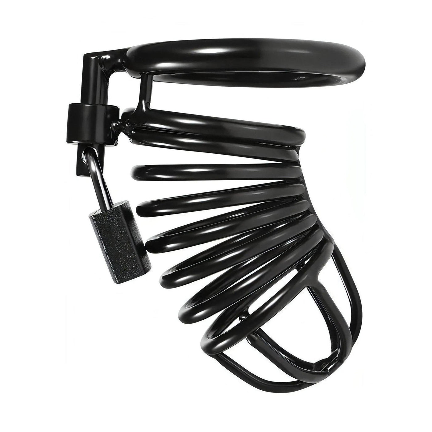 Gabbia di Casità Pene in Acciaio Nero Struttura a Spirale